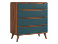 Cassettiera 90 x 45 x 115 cm in legno noce e blu petrolio - contenitore con 5 cassetti stile moderno