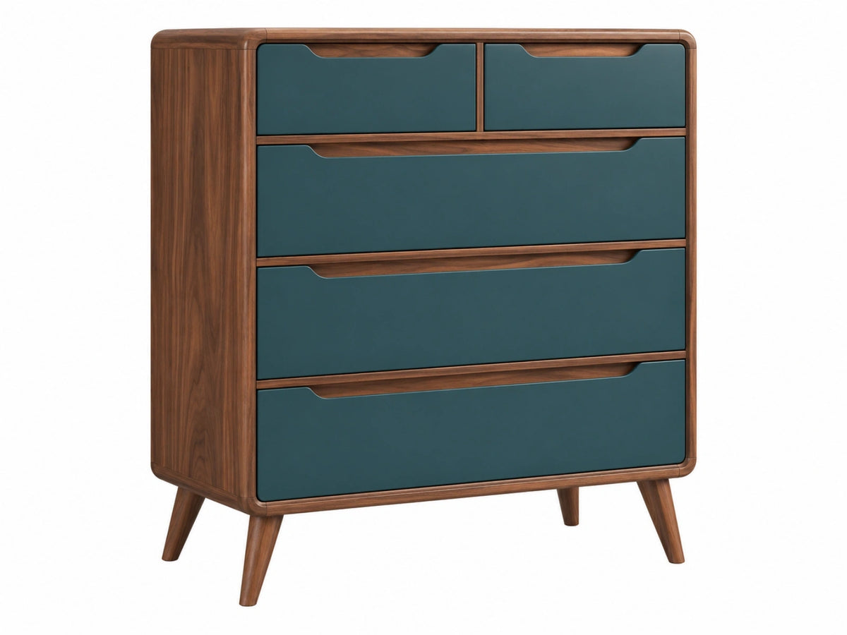 Cassettiera 90 x 45 x 115 cm in legno noce e blu petrolio - contenitore con 5 cassetti stile moderno