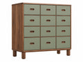Cassettiera 120 x 45 x 130 cm in legno noce e verde salvia a 12 cassetti stile moderno