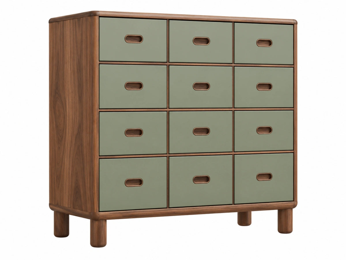 Cassettiera 120 x 45 x 130 cm in legno noce e verde salvia a 12 cassetti stile moderno