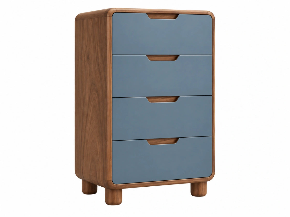 Cassettiera 60 x 40 x 110 cm in legno noce e blu - quattro cassetti stile moderno