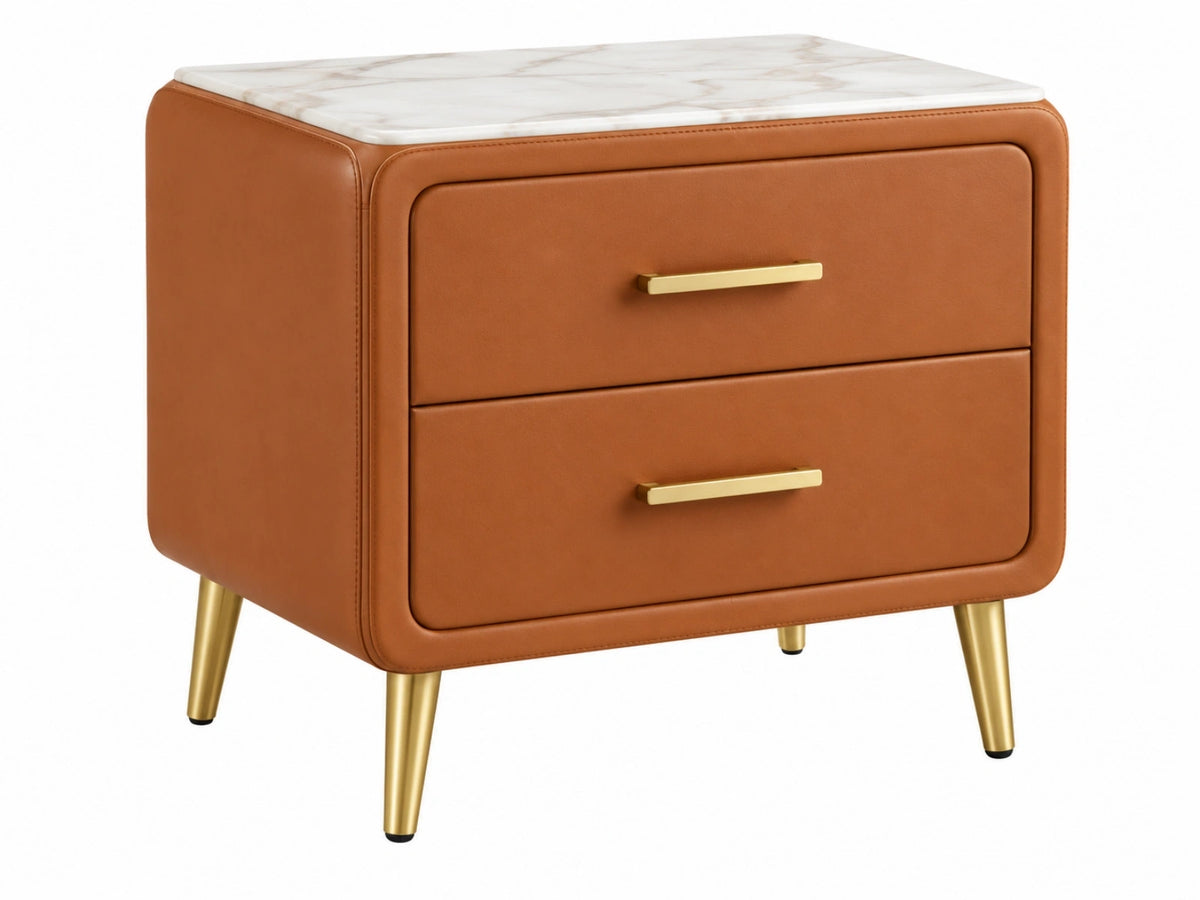 Comodino 50 x 40 x 55 cm in rivestimento effetto pelle marrone con piano effetto marmo - 2 cassetti stile moderno
