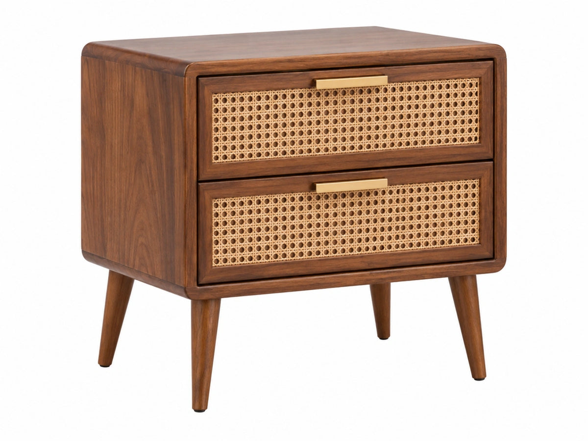 Comodino 50 x 40 x 60 cm in legno marrone con rattan intrecciato - stile retrò con 2 cassetti