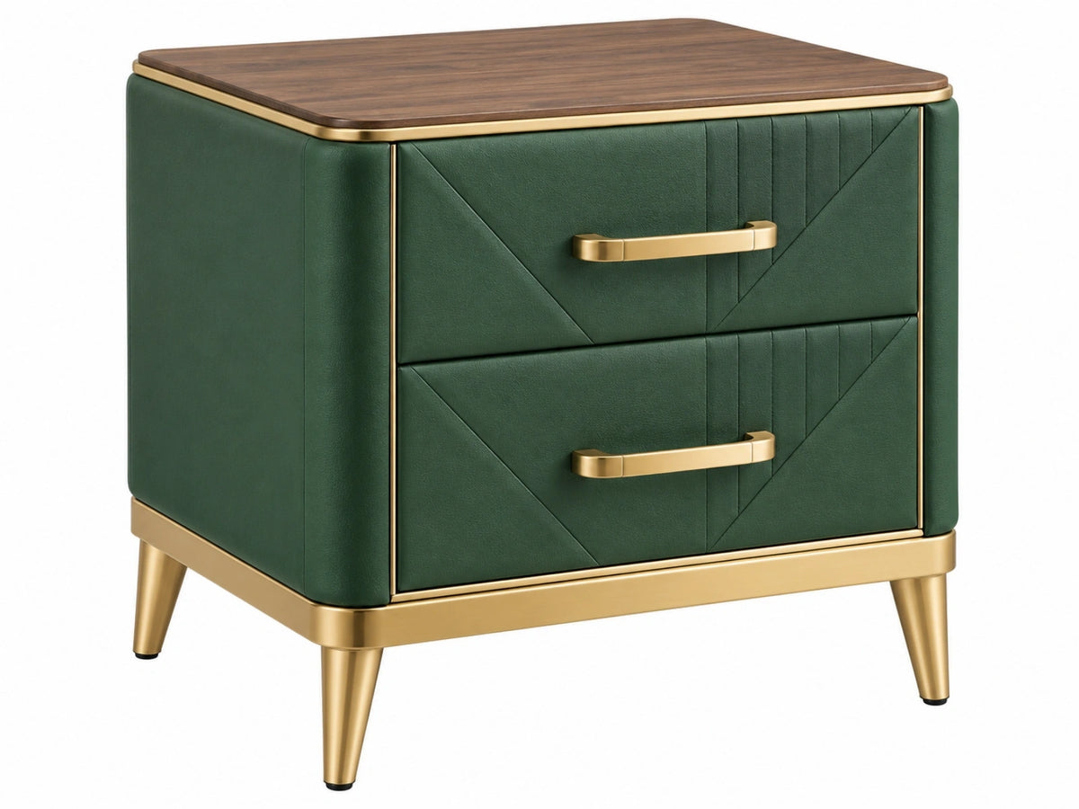 Comodino 50 x 40 x 60 cm in similpelle verde con piano effetto legno e due cassetti - stile moderno