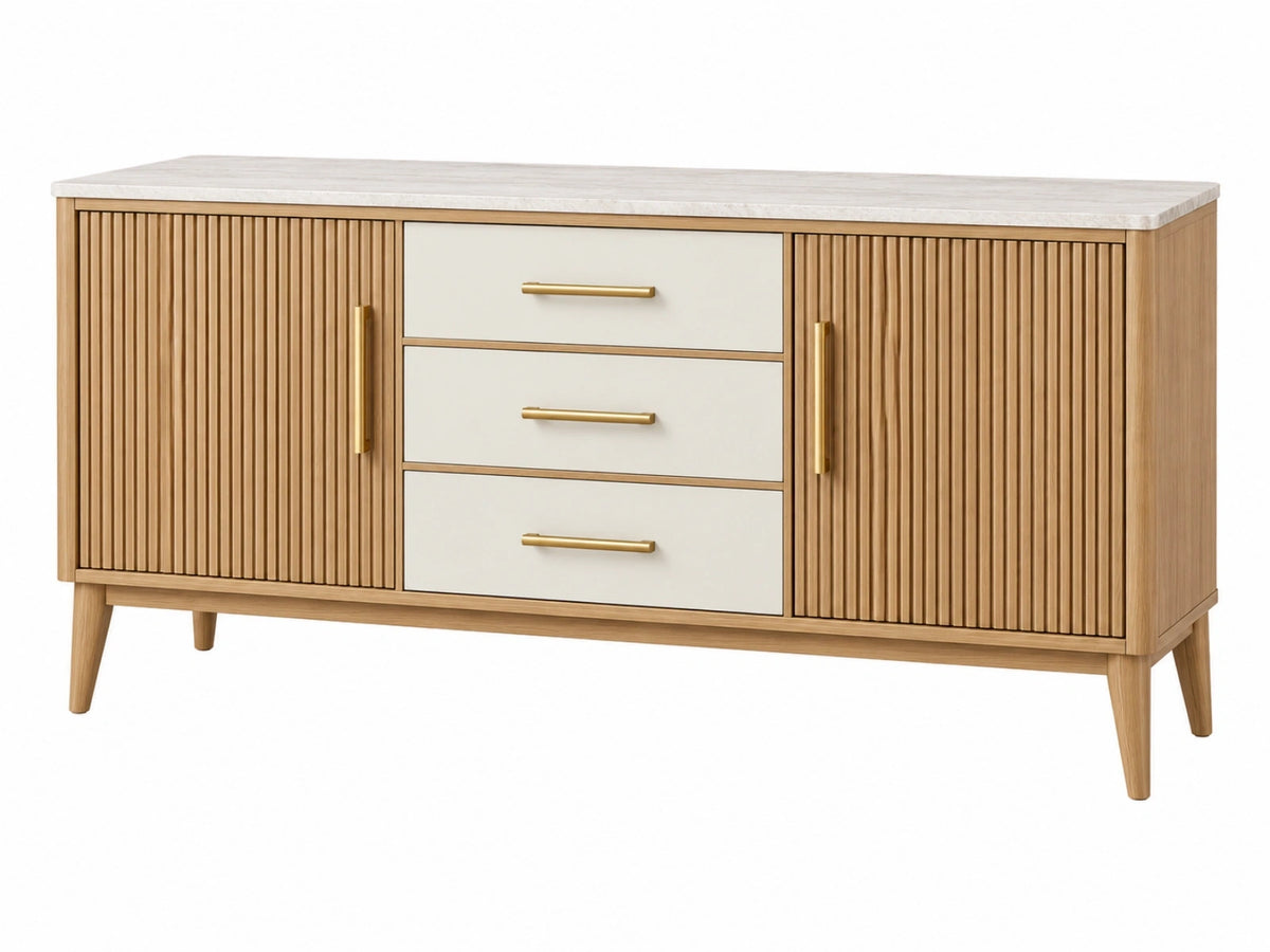Credenza 160 x 45 x 85 cm in legno beige e bianco con ante scanalate