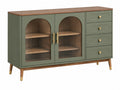 Credenza 140 x 40 x 85 cm in legno verde e noce con ante in vetro scanalato e 4 cassetti
