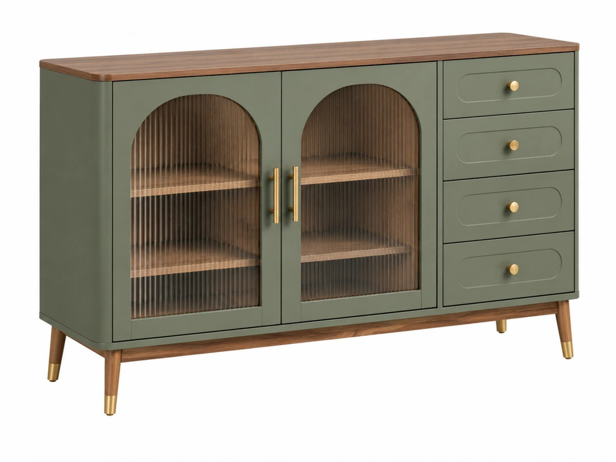 Credenza 140 x 40 x 85 cm in legno verde e noce con ante in vetro scanalato e 4 cassetti