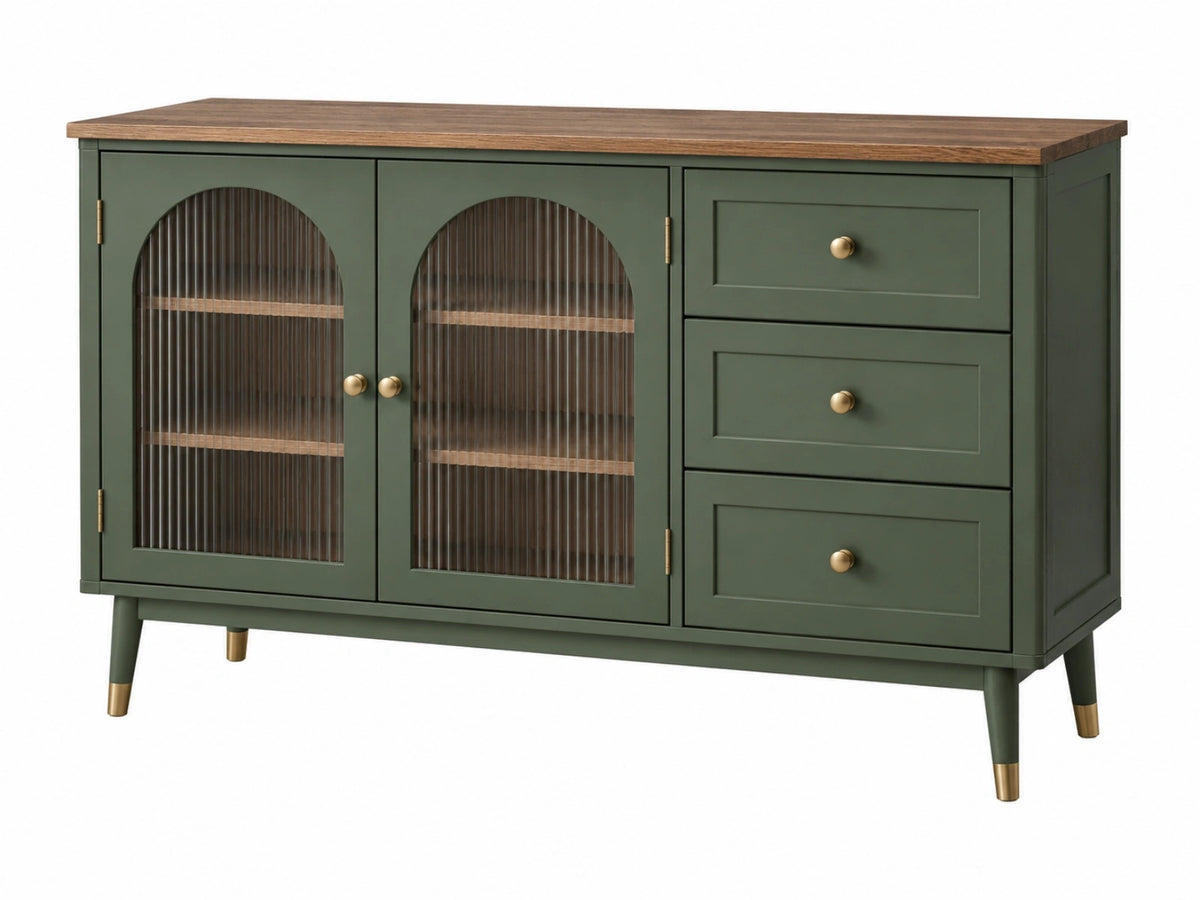 Credenza 160 cm in legno verde con vetro scanalato e 3 cassetti