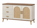 Credenza 140 x 40 x 85 cm in legno bianco e noce con rattan intrecciato - stile retrò con cassetti e ante