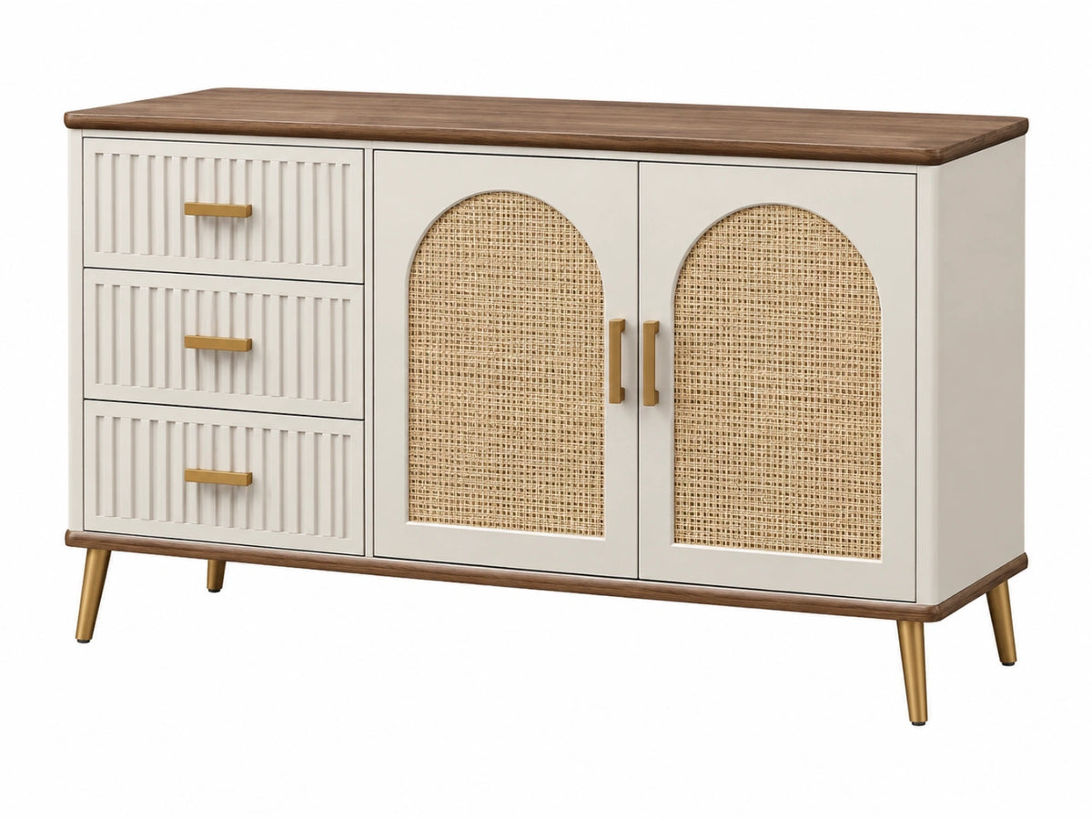 Credenza 140 x 40 x 85 cm in legno bianco e noce con rattan intrecciato - stile retrò con cassetti e ante