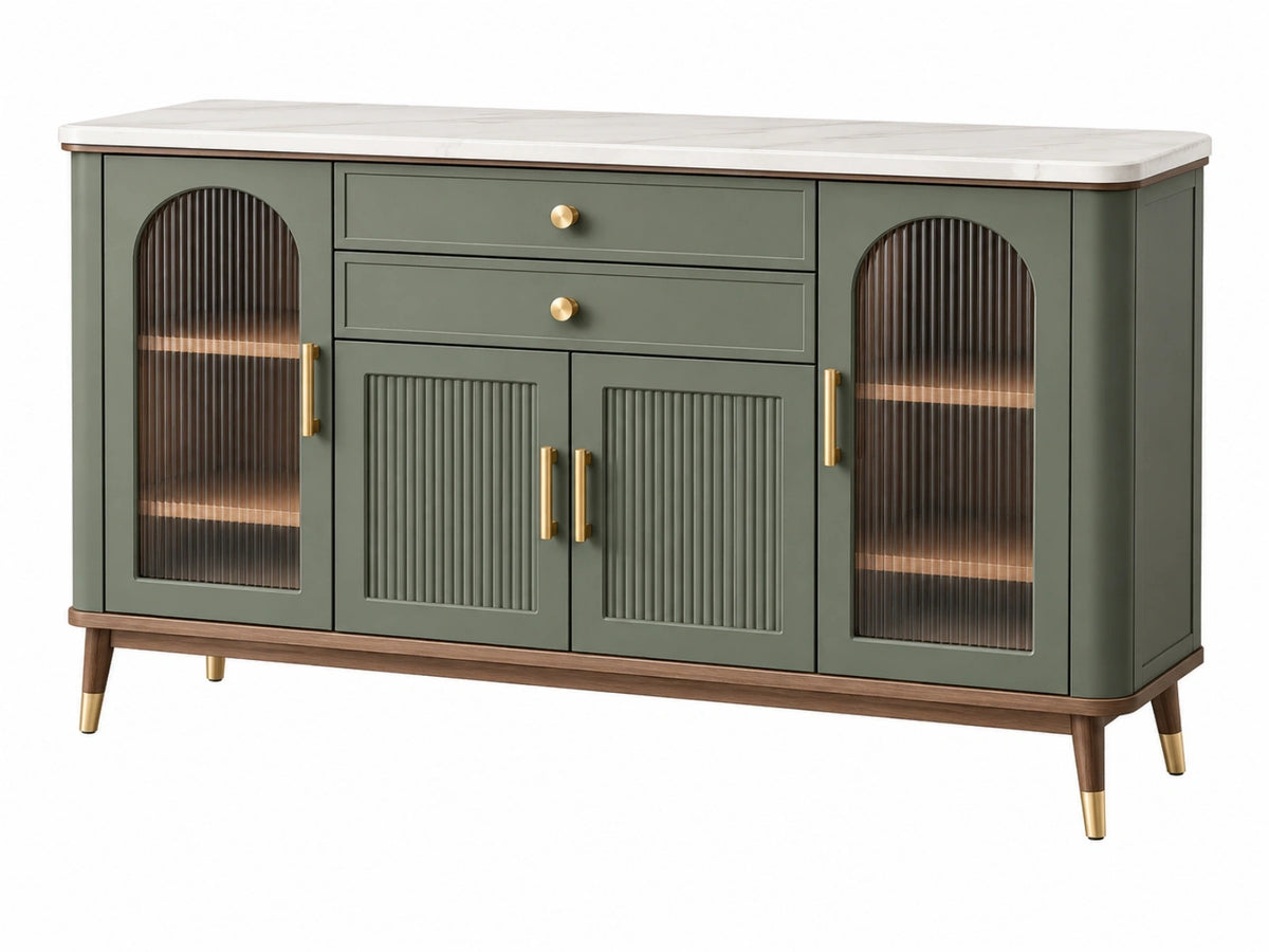 Credenza 160 x 40 x 85 cm in legno verde con piano effetto marmo e ante in vetro stile moderno