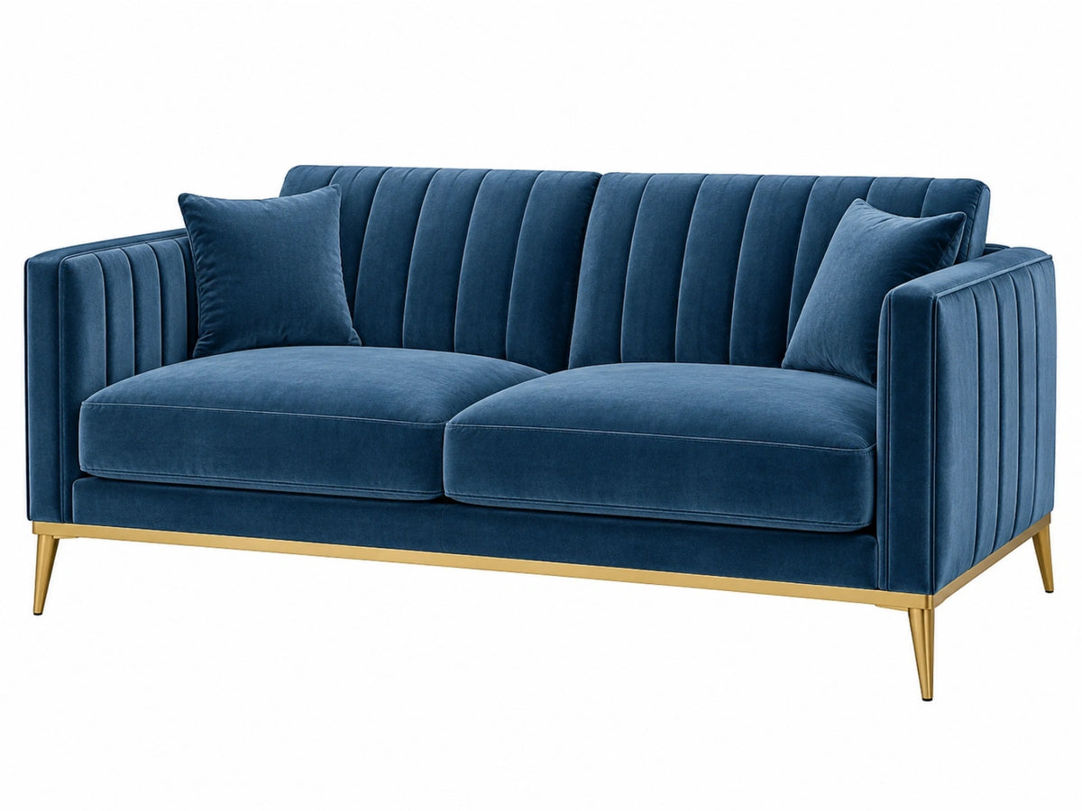 Divano 2 posti 180 cm in velluto blu con gambe in metallo stile moderno