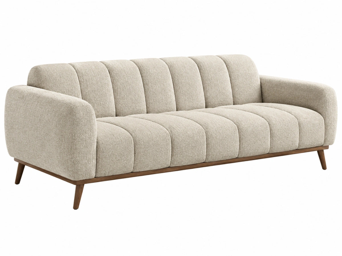 Divano 3 posti 220 x 90 x 82 cm in tessuto beige con gambe in legno stile moderno