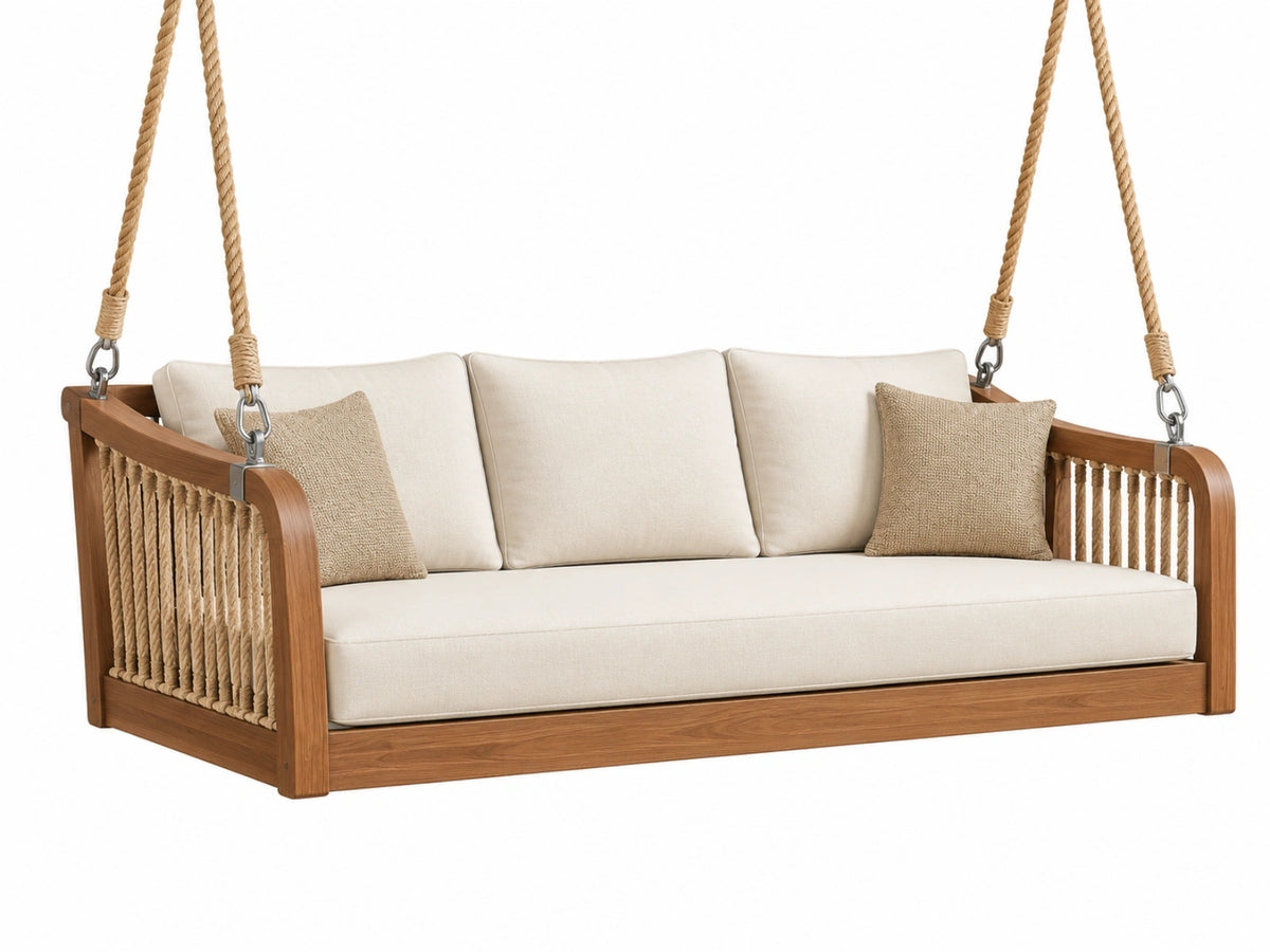 Divano sospeso 180 x 80 x 70 cm in legno e corda marrone crema stile bohémien per esterni