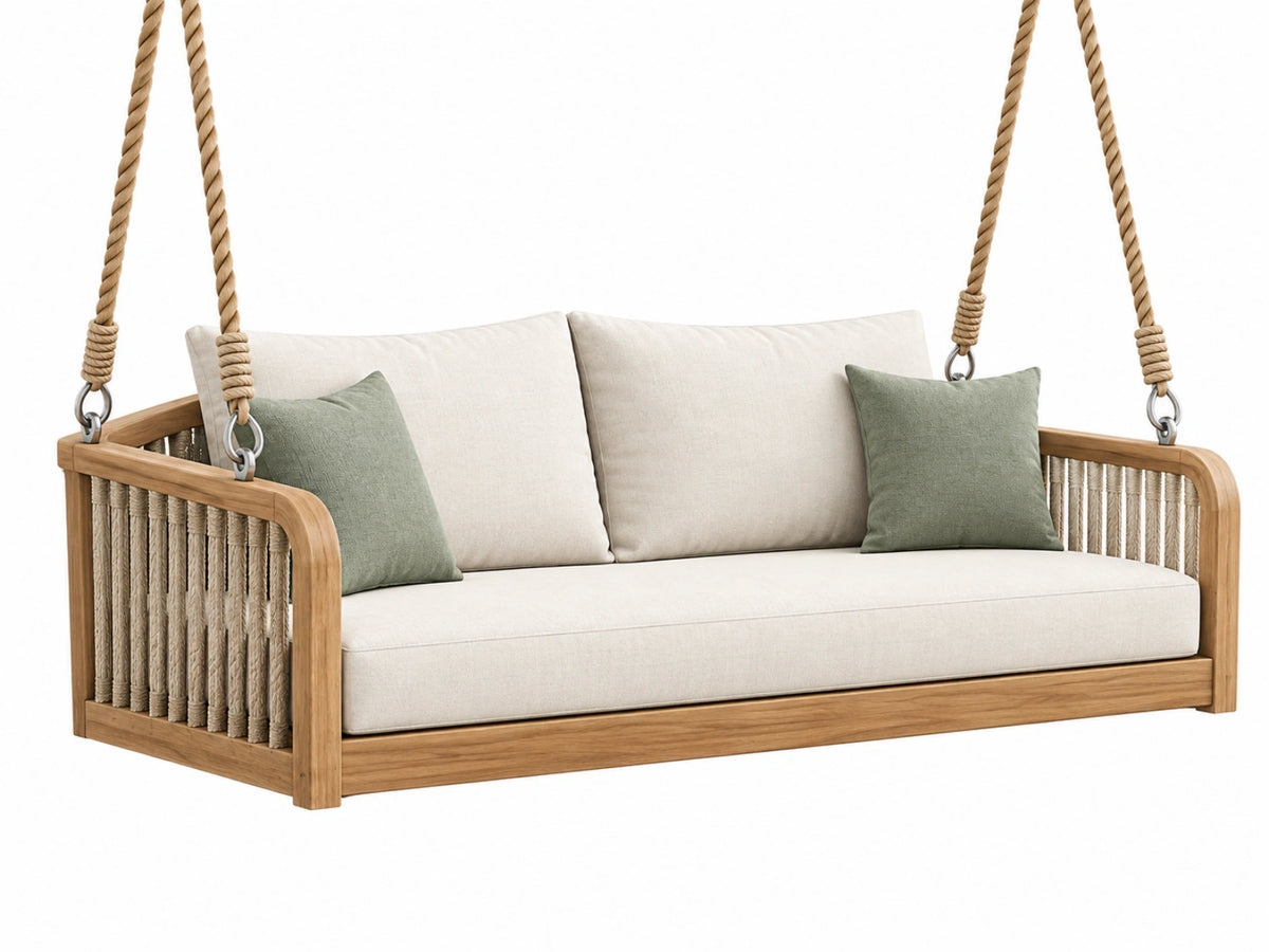Dondolo sospeso da giardino 140 x 75 x 65 cm in legno e corda beige stile naturale