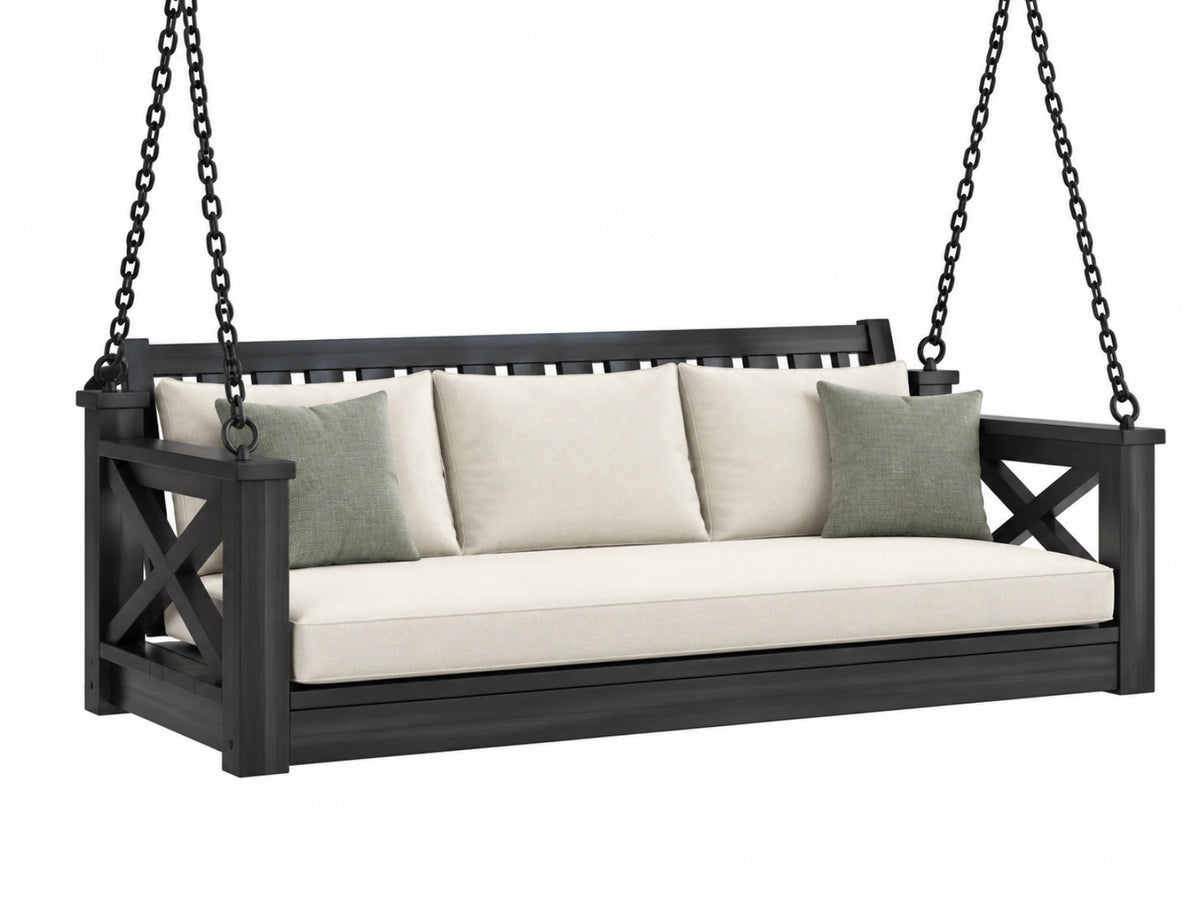 Dondolo sospeso da giardino 160 cm in legno nero con seduta imbottita avorio