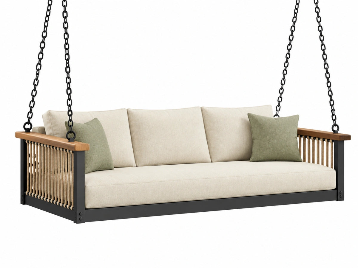 Divanetto sospeso 150 x 75 x 65 cm in metallo legno e corda beige nero per esterno stile contemporaneo
