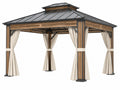 Gazebo da giardino 400 x 300 cm in metallo nero e finitura legno con tetto rigido e tende laterali