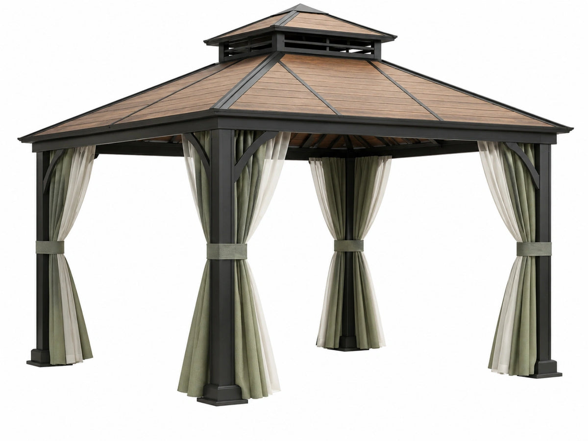 Gazebo da giardino 300 x 300 cm in metallo nero con tetto effetto legno e tende