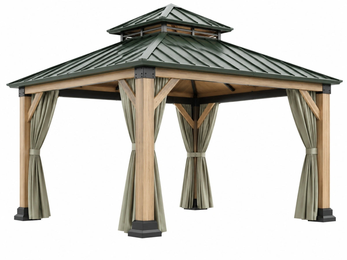 Gazebo da giardino 400 x 300 cm in legno e metallo verde con tende laterali