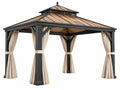 Gazebo da giardino 300 x 300 cm in metallo nero con tende beige e tetto effetto legno