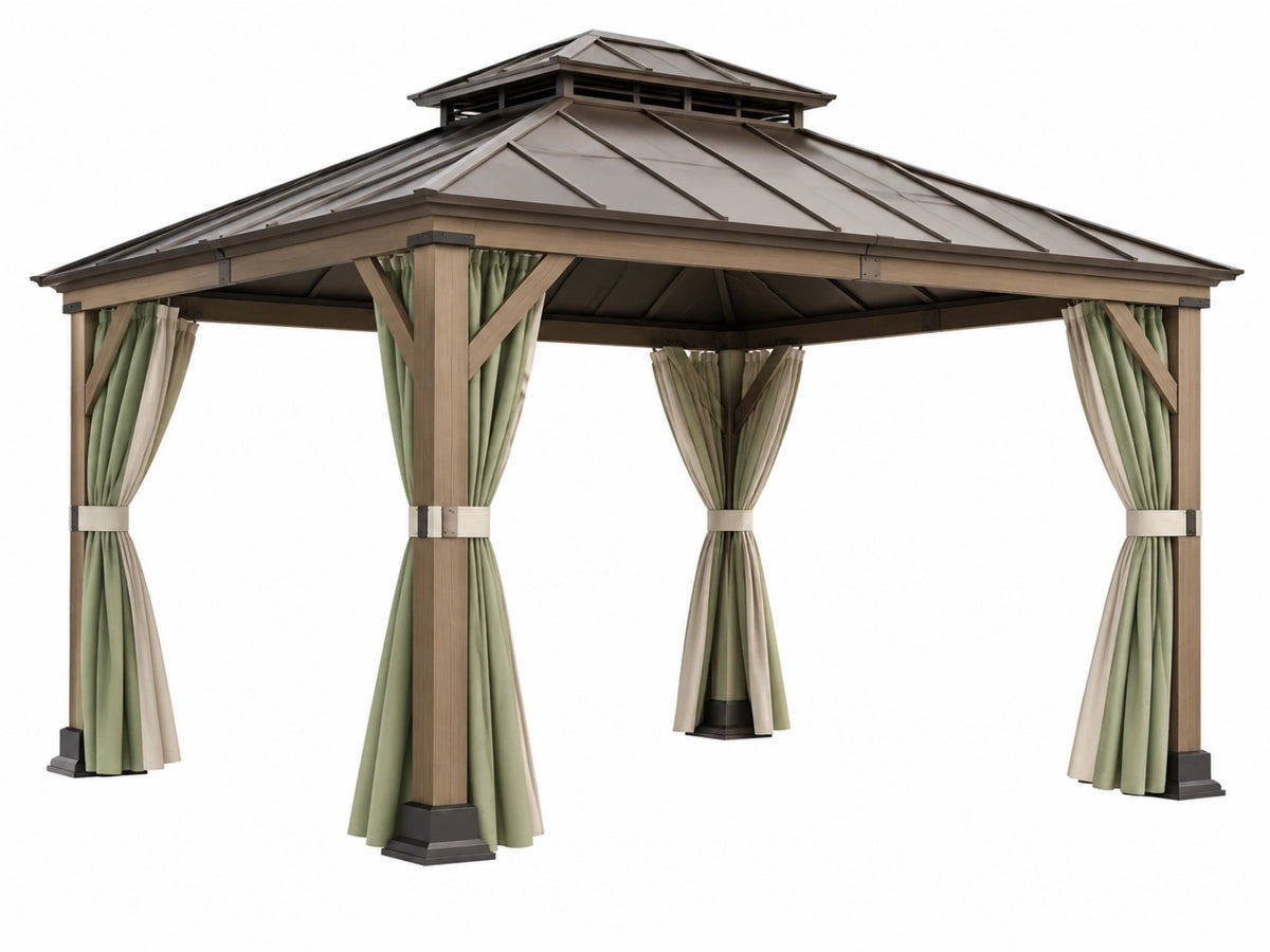 Gazebo da giardino 400 x 400 x 300 cm in metallo effetto legno marrone con tende verde salvia - copertura a padiglione
