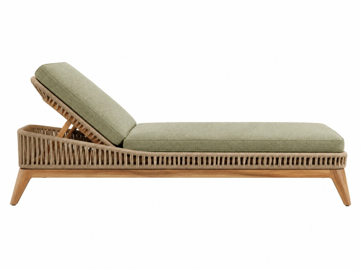 Lettino prendisole 200 x 75 x 75 cm in legno e corda intrecciata verde salvia per esterno con schienale reclinabile