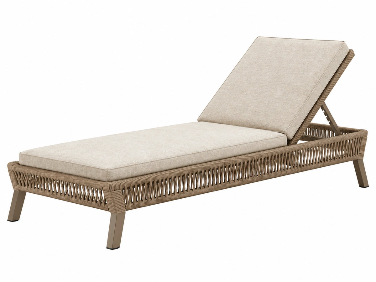 Lettino prendisole da esterno 200 x 75 x 95 cm in corda sintetica beige con schienale reclinabile stile contemporaneo