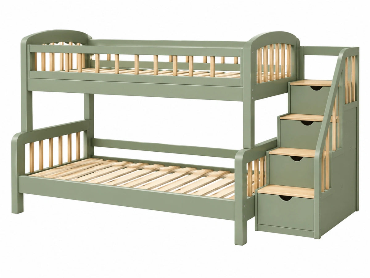 Letto a castello 90 x 200 cm in legno verde salvia con scala contenitore e sponde