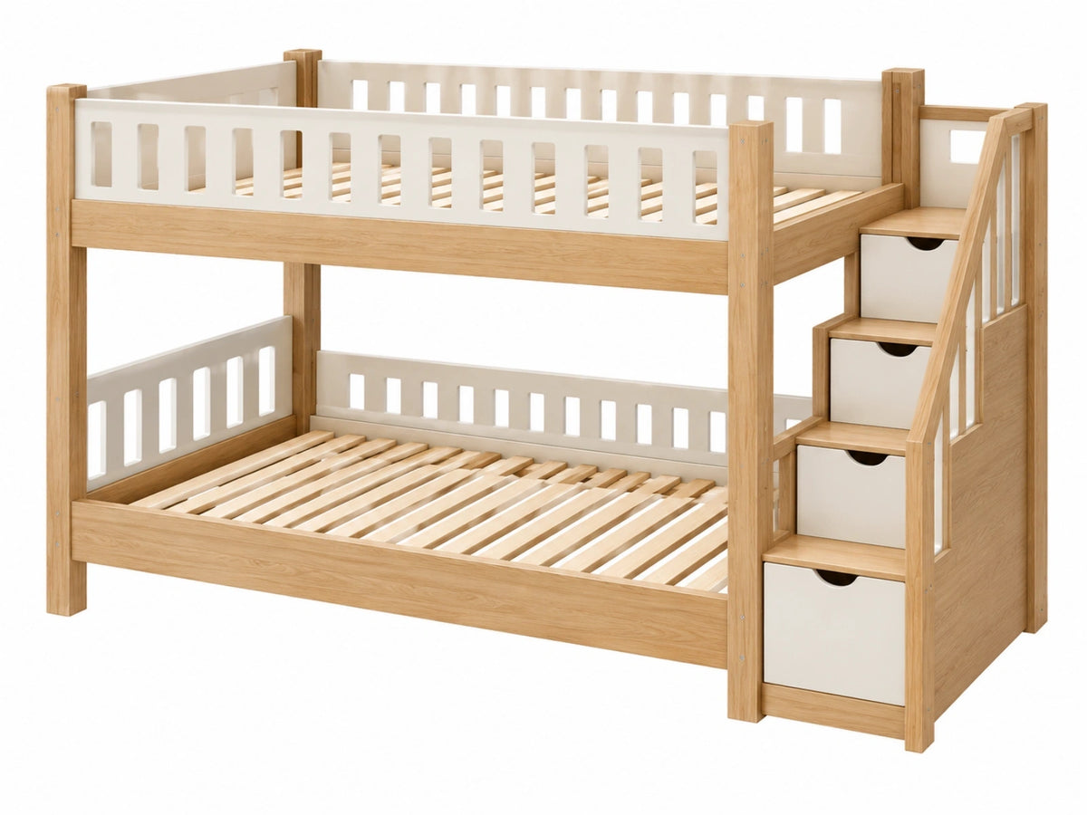Letto a castello 250 x 105 x 170 cm in legno naturale e bianco con scala contenitore
