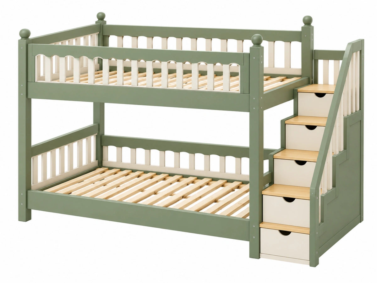 Letto a castello 198 x 100 cm in legno verde e bianco con scala contenitore
