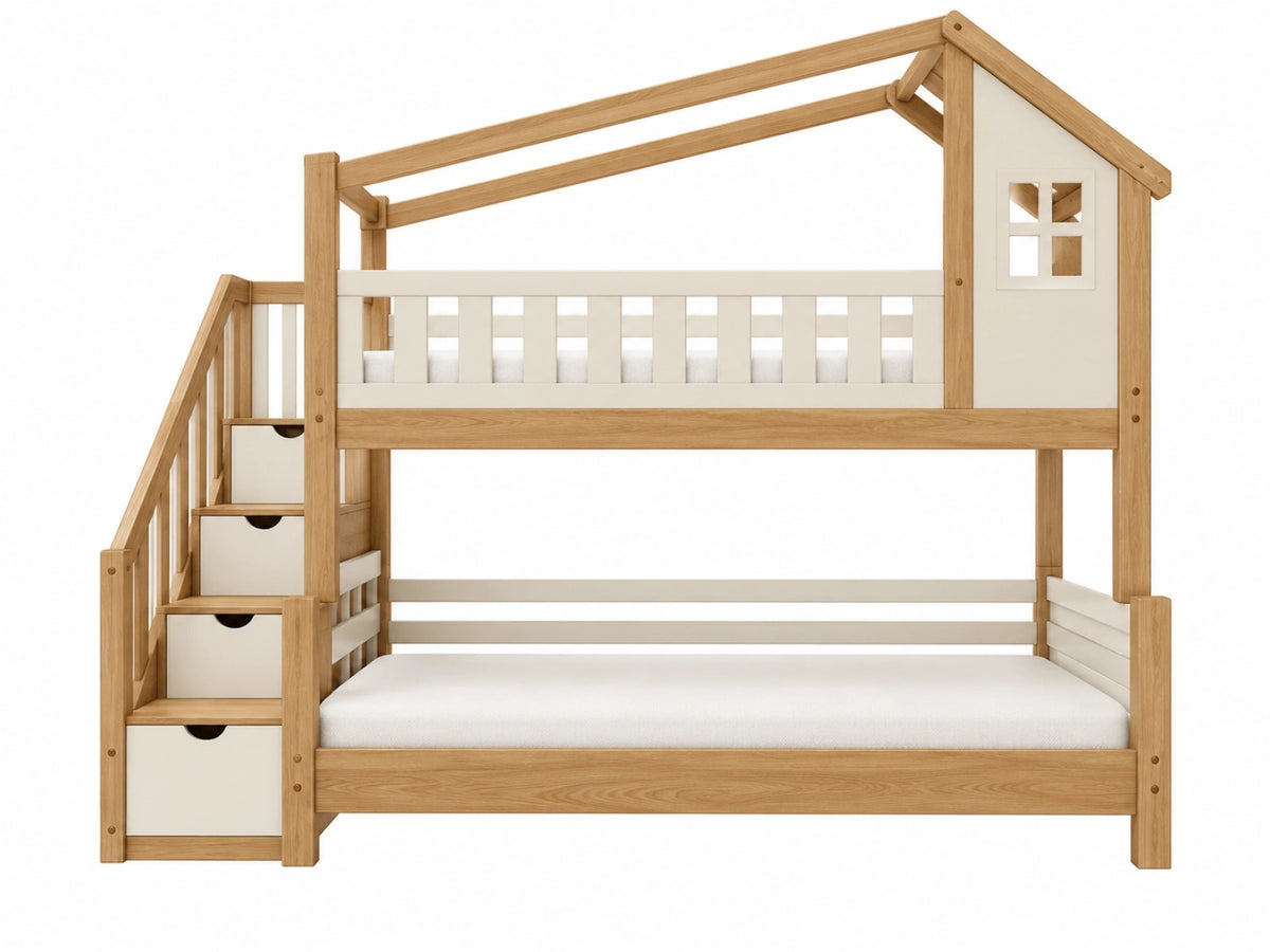 Letto a castello 120 x 190 cm in legno naturale e bianco con scala contenitore stile casetta