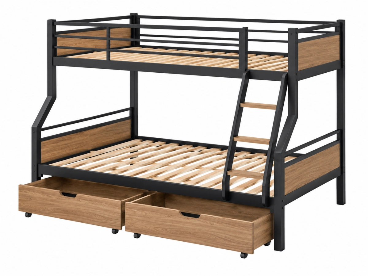 Letto a castello 90 x 200 cm in metallo e legno nero/marrone con cassetti e scala