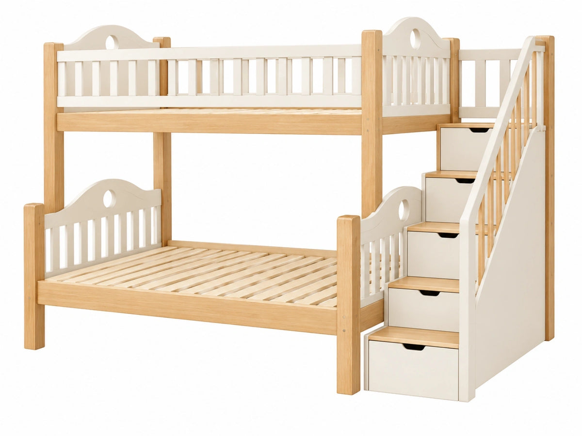 Letto a castello 90 x 190 cm in legno naturale e bianco con scala contenitore