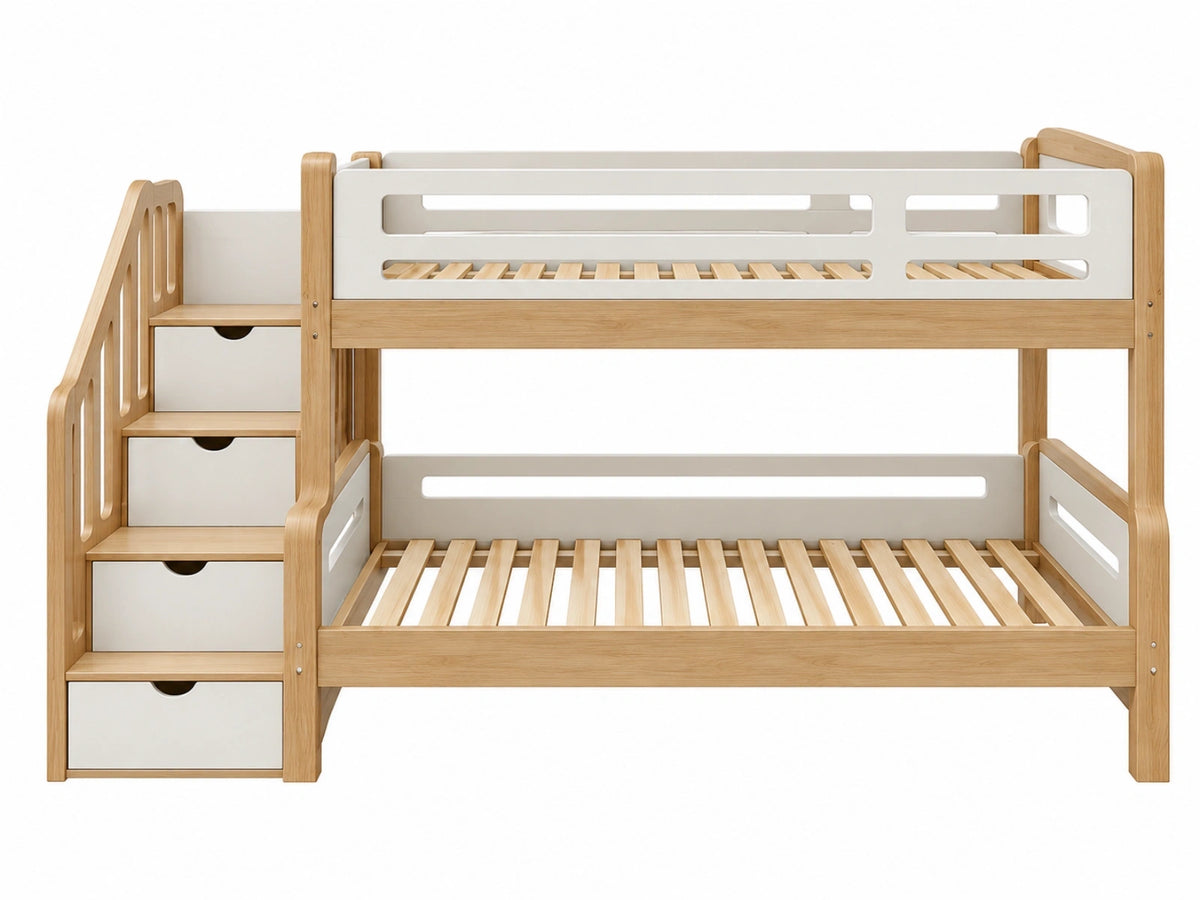 Letto a castello 200 x 90 cm in legno naturale e bianco con scala contenitore